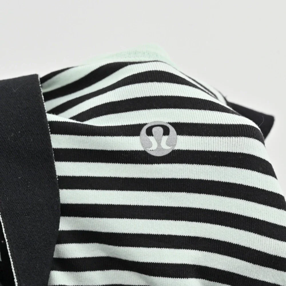 Lululemon Womens Work It Out Tank Top Size 4 Black Mint Green Stripe Logo Active